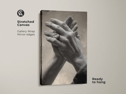 Stretched canvas art featuring abstract intertwined hands. Monochrome couple wall art for a contemporary space. It's ready to hang with gallery wrapped mirror edges. A meaningful black and white anniversary gift idea.
