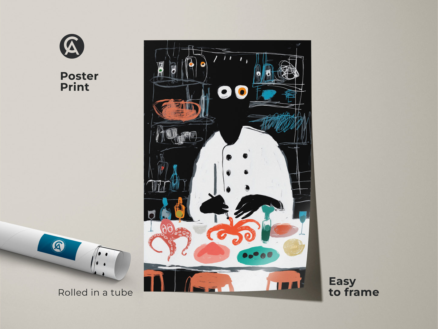 A poster print displays a whimsical chef and octopus artwork. This modern abstract art is easy to frame making it perfect for any kitchen. The black red and teal color palette adds a unique touch. It is an ideal gift for foodies and restaurant decor.