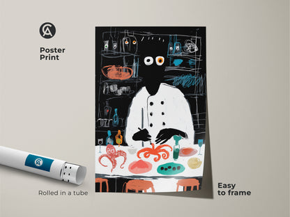 A poster print displays a whimsical chef and octopus artwork. This modern abstract art is easy to frame making it perfect for any kitchen. The black red and teal color palette adds a unique touch. It is an ideal gift for foodies and restaurant decor.