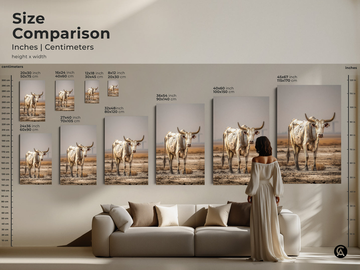 A size comparison displays cream and brown bull artwork in inches and centimeters. A model stands next to the canvas wall art. The rustic cow wall decor is shown above a couch. Choose the perfect piece of farmhouse animal wall art. It's a great housewarming rustic gift.