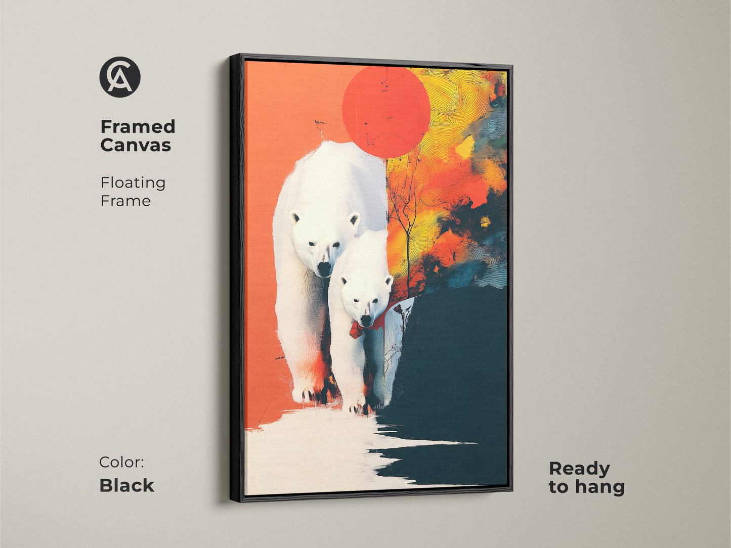 Framed canvas art features an abstract polar bear family with a floating black frame. Ready to hang this modern wildlife artwork complements any decor. Perfect for living rooms bedrooms or offices seeking a sophisticated touch.