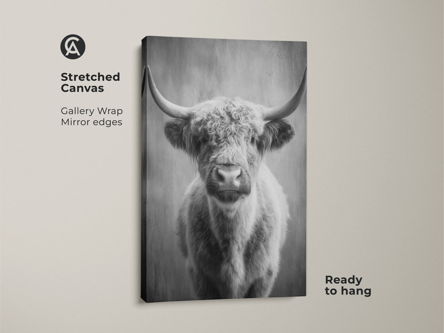 Stretched canvas print of a black and white highland cow. This gallery wrapped canvas features mirror edges. Ready to hang this Scottish cattle canvas art enhances any farmhouse decor. A striking monochrome animal print.