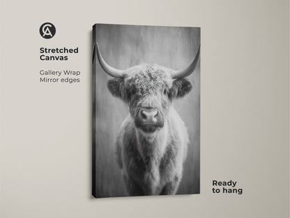 Stretched canvas print of a black and white highland cow. This gallery wrapped canvas features mirror edges. Ready to hang this Scottish cattle canvas art enhances any farmhouse decor. A striking monochrome animal print.
