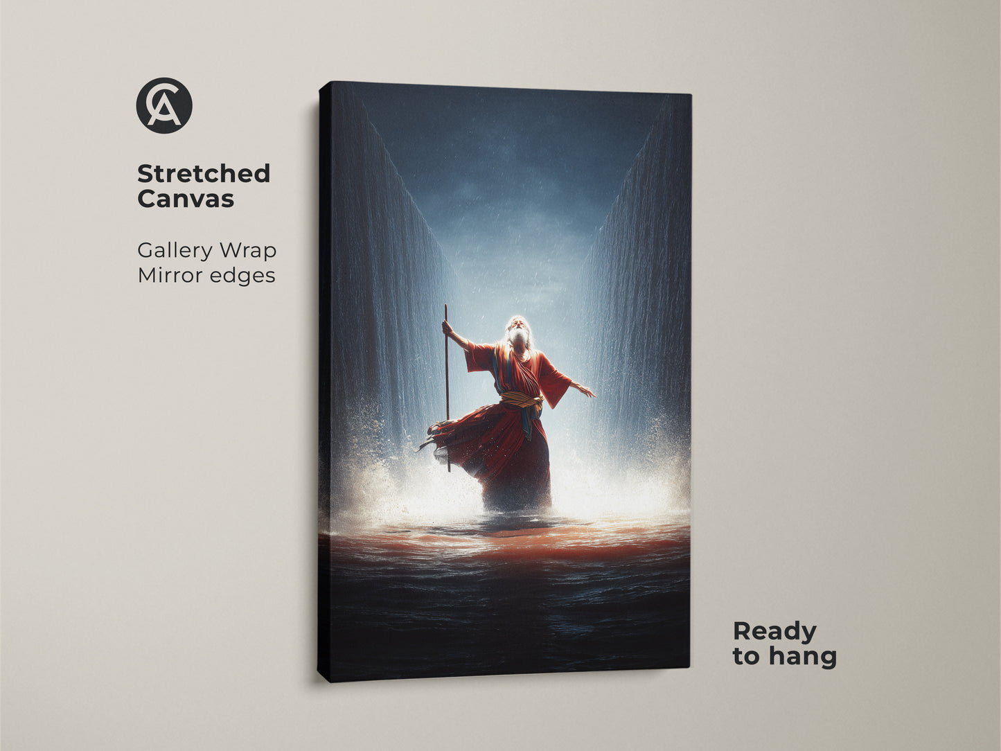 This stretched canvas presents the epic Moses parting Red Sea artwork. The gallery wrap has mirror edges and is ready to hang. Ideal religious narrative wall art for home or office. The crimson and gold colors add dramatic flair.