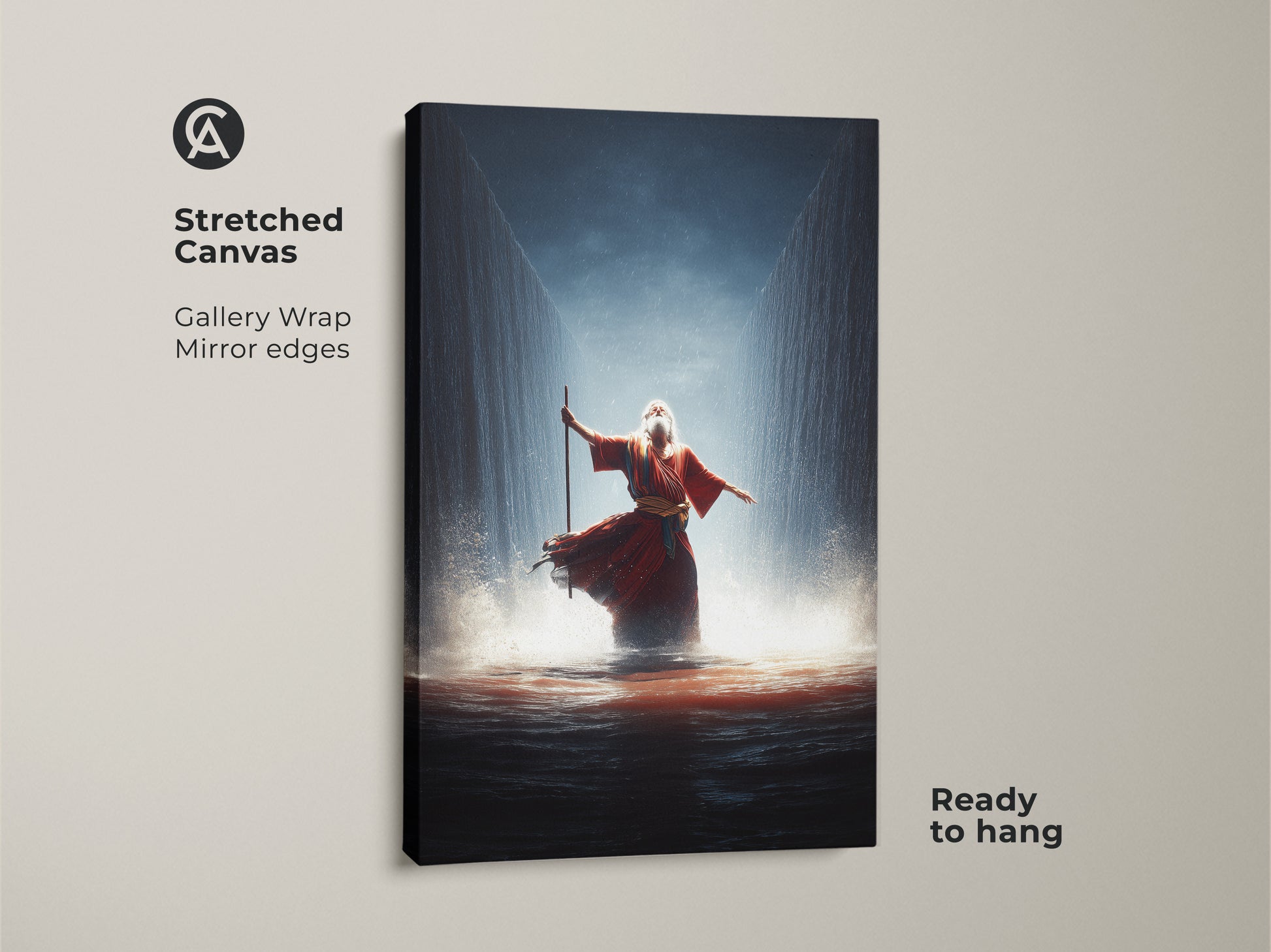 This stretched canvas presents the epic Moses parting Red Sea artwork. The gallery wrap has mirror edges and is ready to hang. Ideal religious narrative wall art for home or office. The crimson and gold colors add dramatic flair.