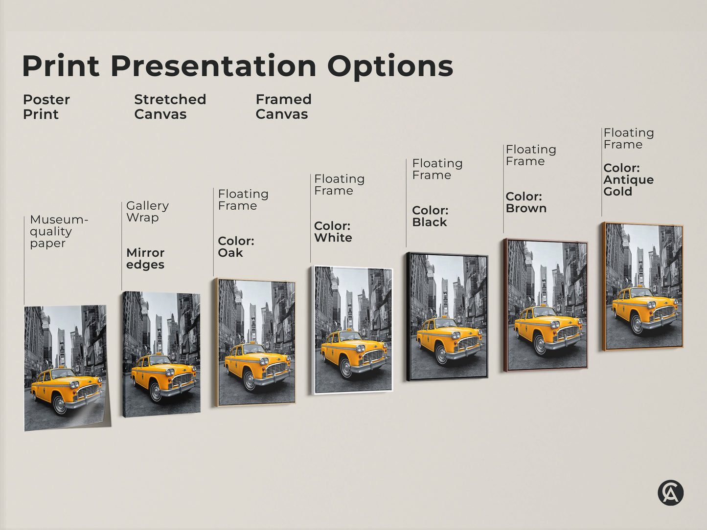 Explore print presentation options for this yellow taxi artwork. Choose from poster stretched canvas or framed canvas. Each option enhances the New York City scene. Select the perfect style to match your decor. Elevate your space with this taxi art print.