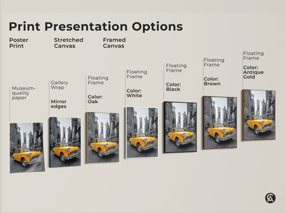 Explore print presentation options for this yellow taxi artwork. Choose from poster stretched canvas or framed canvas. Each option enhances the New York City scene. Select the perfect style to match your decor. Elevate your space with this taxi art print.