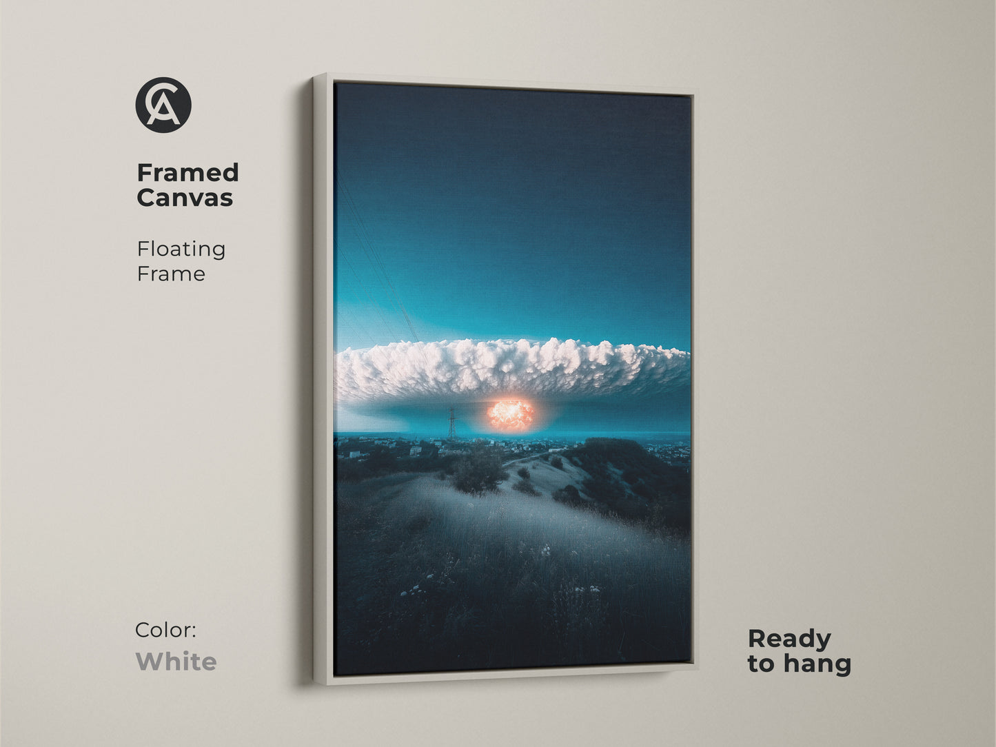 Surreal nuclear explosion canvas in a white floating frame. Ready to hang this contemporary disaster art for unique wall decor. The deep blue and orange abstract canvas adds a dramatic element to any modern space. Perfect for home or office settings.