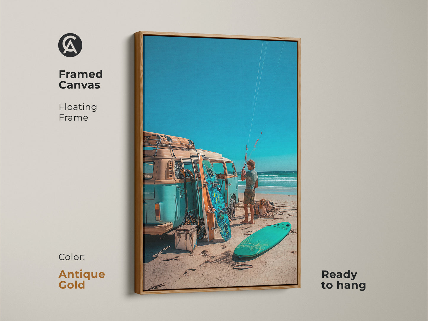 Framed canvas artwork with an antique gold floating frame. This ready-to-hang artwork captures a VW bus with surfboards on the beach. Bring the beach vibe into your home with this art.