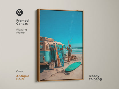 Framed canvas artwork with an antique gold floating frame. This ready-to-hang artwork captures a VW bus with surfboards on the beach. Bring the beach vibe into your home with this art.