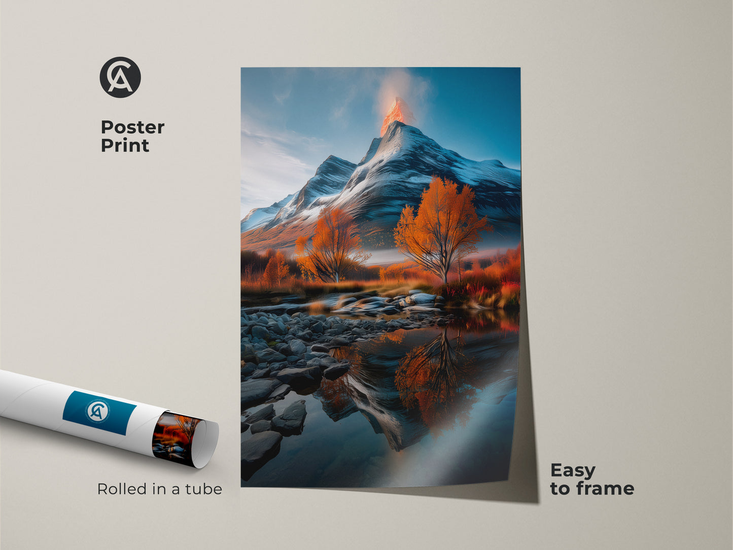 Poster print of a snowy volcano and mountain landscape. The orange autumn trees artwork is rolled in a tube ready to frame. The river reflection adds to its scenic beauty. Ideal housewarming present for nature lovers. Add a touch of rustic charm to your home decor with this landscape.