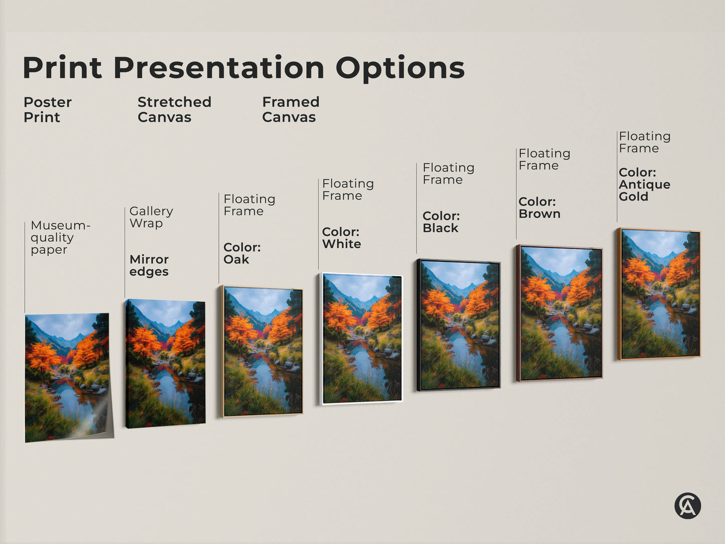 Explore print presentation options with this museum-quality artwork. Choose from poster prints stretched canvas or framed canvas. Each option highlights the vibrant river and autumn landscape. Select the perfect style for your home decor needs.