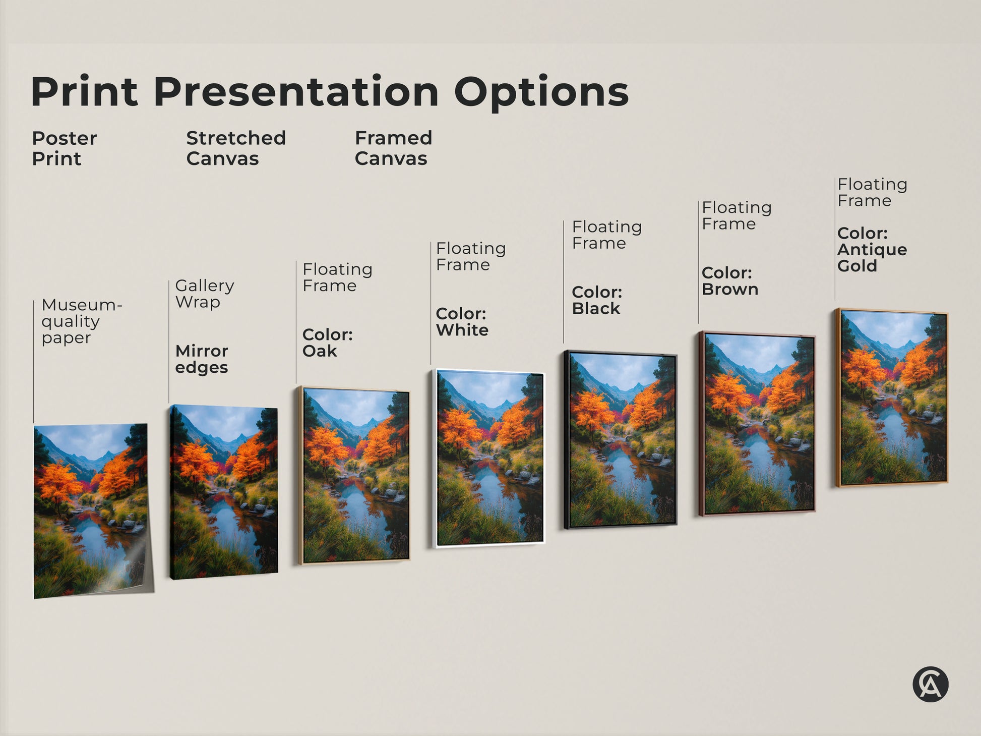 Explore print presentation options with this museum-quality artwork. Choose from poster prints stretched canvas or framed canvas. Each option highlights the vibrant river and autumn landscape. Select the perfect style for your home decor needs.