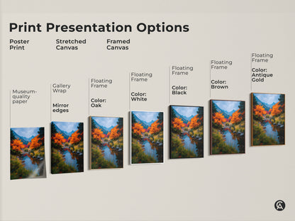 Explore print presentation options with this museum-quality artwork. Choose from poster prints stretched canvas or framed canvas. Each option highlights the vibrant river and autumn landscape. Select the perfect style for your home decor needs.