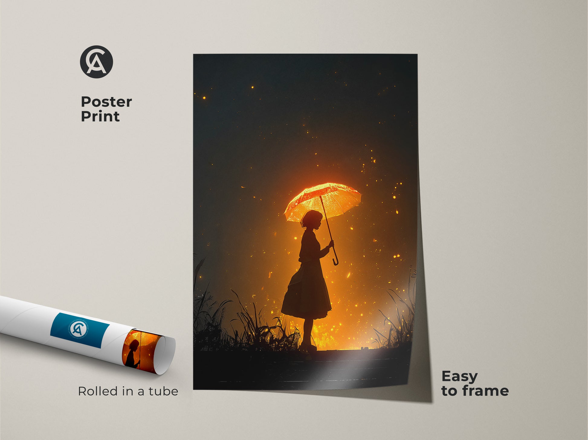 Poster print features a girl with an umbrella. Rolled in a tube for easy framing. Golden yellow and orange hues create a warm glow. A magical girl silhouette print. Perfect as art for dreamers. Enhances any living room.