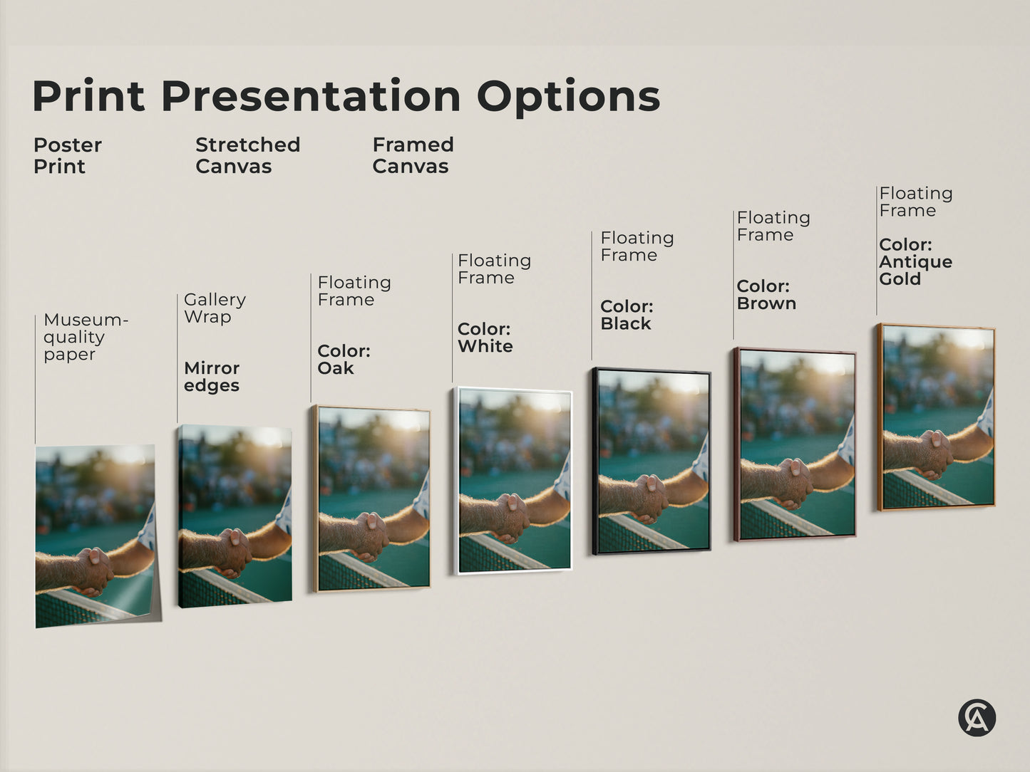 Artwork print presentation options are shown. Poster prints are museum-quality paper with rolled edges. Stretched canvas has gallery wrap and mirror edges. Framed canvas has floating frame art.