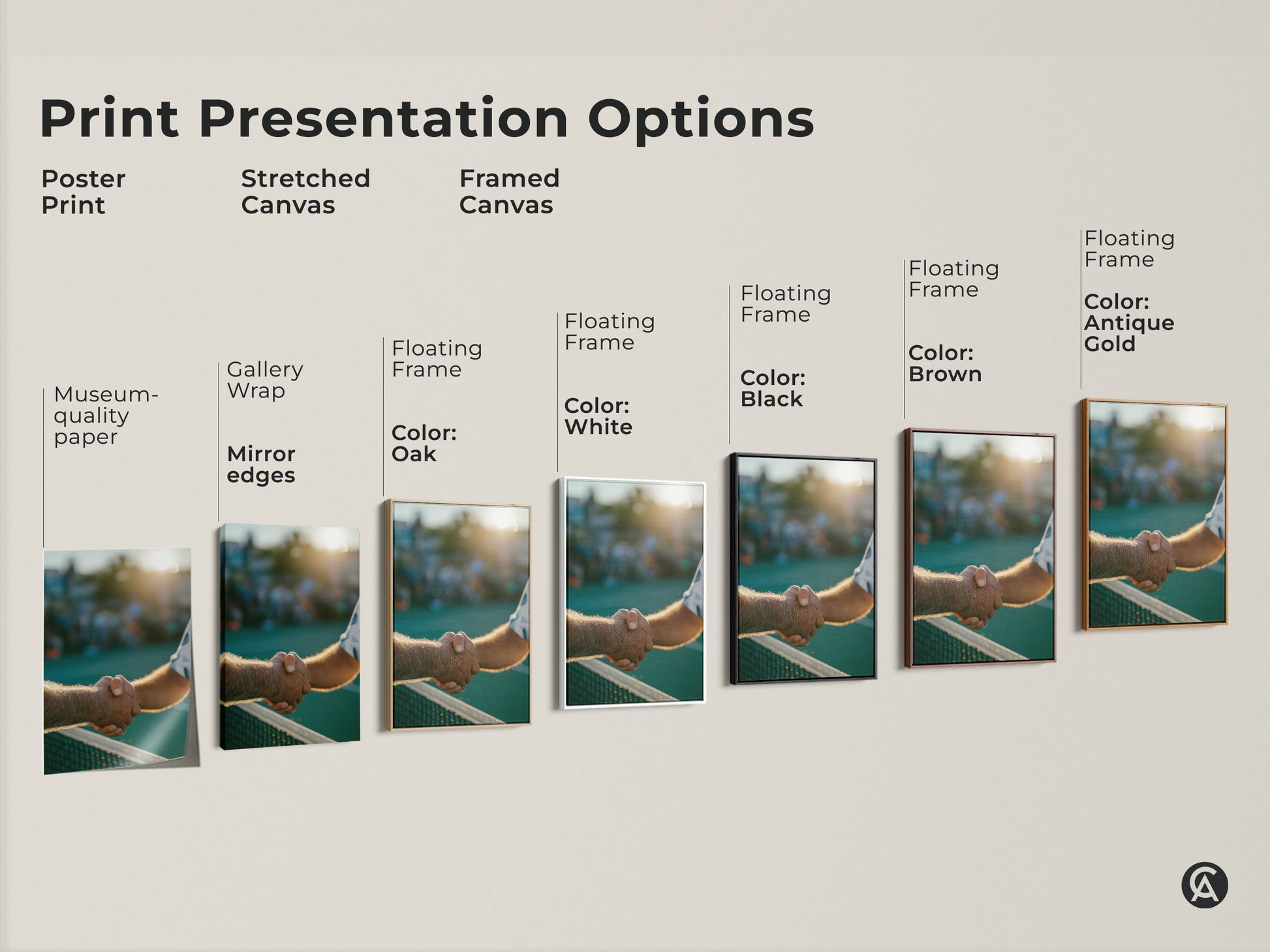 Artwork print presentation options are shown. Poster prints are museum-quality paper with rolled edges. Stretched canvas has gallery wrap and mirror edges. Framed canvas has floating frame art.