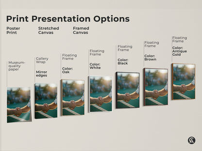 Artwork print presentation options are shown. Poster prints are museum-quality paper with rolled edges. Stretched canvas has gallery wrap and mirror edges. Framed canvas has floating frame art.