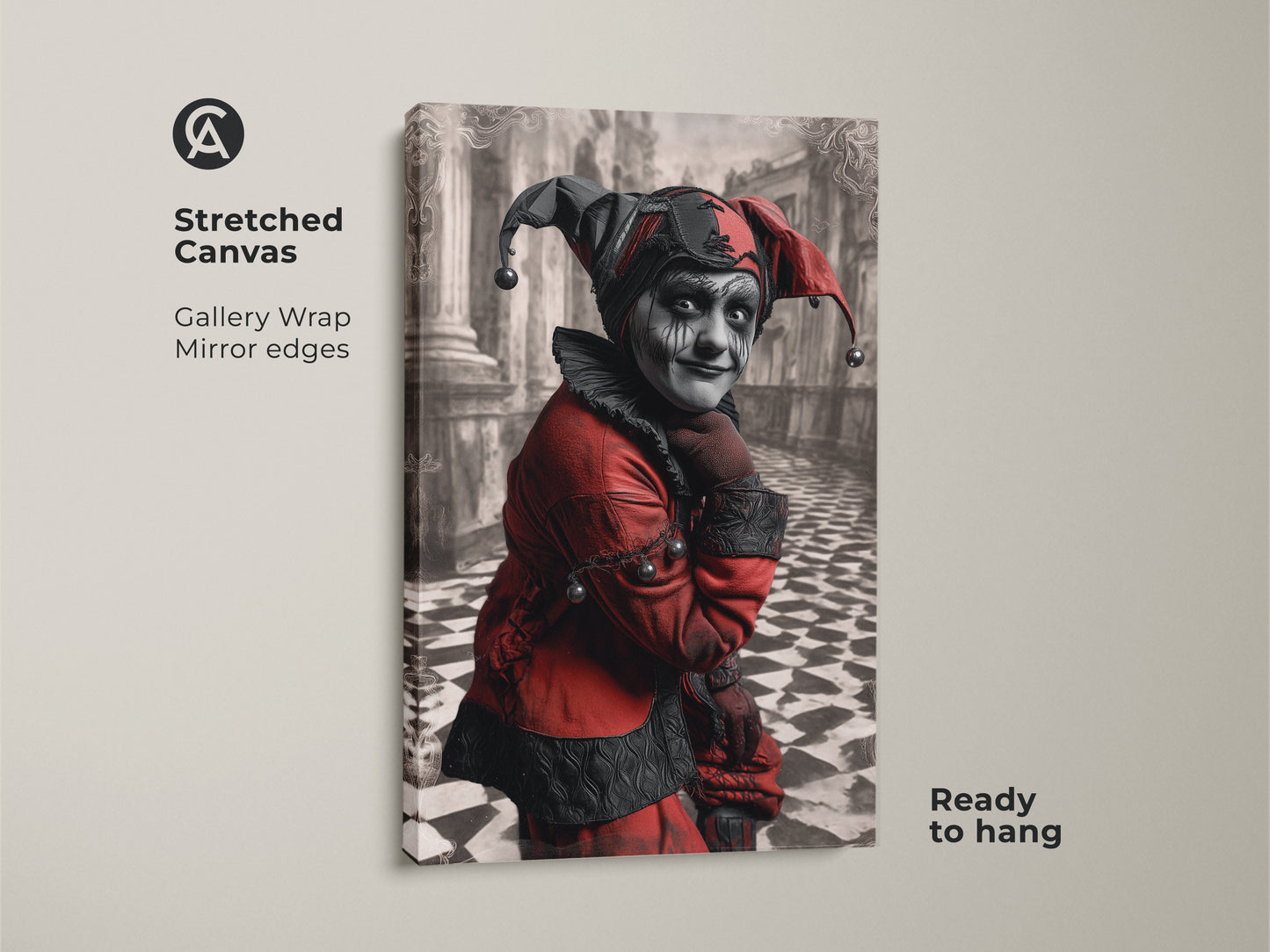 Stretched canvas of a gothic jester portrait. The gallery wrap has mirror edges. The Harlequin character is ready to hang. Perfect dark academia canvas art for a unique office space. It also makes a great gift.