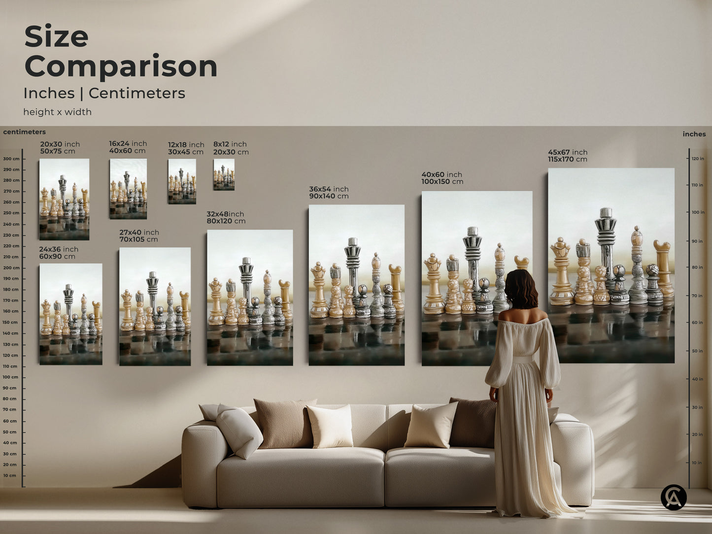 Visualize size comparisons for abstract chess art showcasing realistic King and Queen figures in a beige brown gray palette. Perfect as strategy games decor it adds sophistication to any space. This modern office artwork is an ideal gift for chess players intellectual wall art print is timeless.