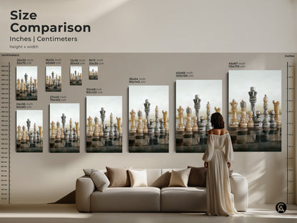 Visualize size comparisons for abstract chess art showcasing realistic King and Queen figures in a beige brown gray palette. Perfect as strategy games decor it adds sophistication to any space. This modern office artwork is an ideal gift for chess players intellectual wall art print is timeless.