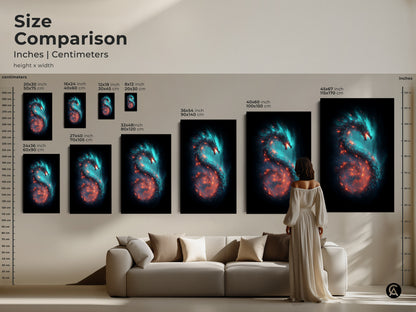 Size comparison of galaxy dragon canvas art. See how the cosmic nebula print fits above a sofa in various dimensions. Options range from 16x24 to 45x67 inches. The teal and orange fantasy art makes a statement in any room. Perfect for eclectic sci-fi decor.