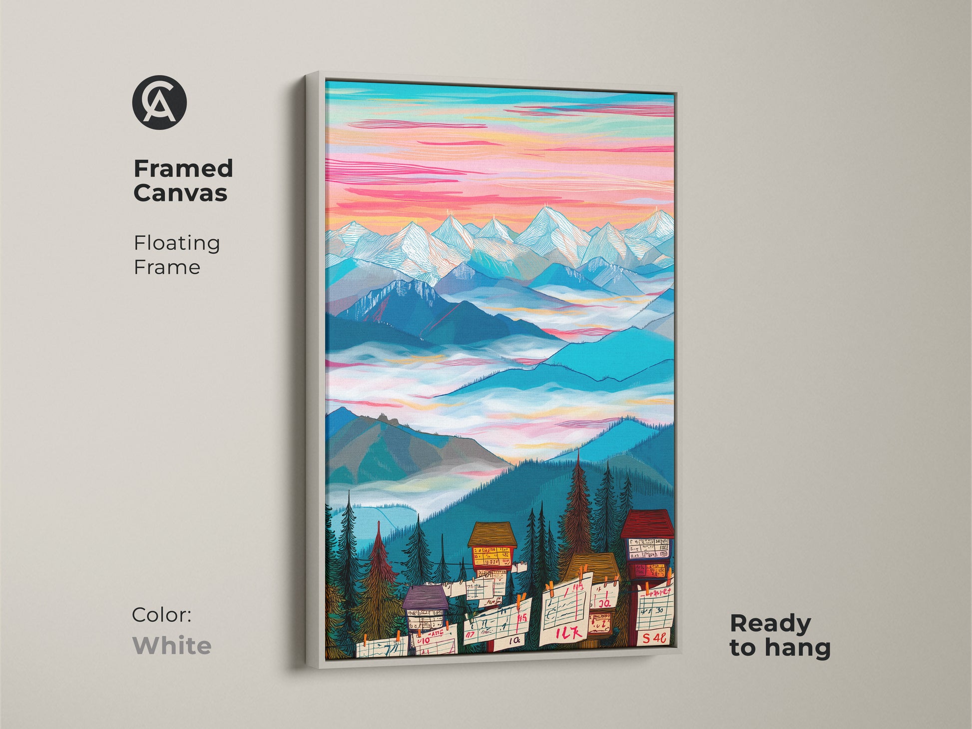 Framed canvas art print featuring a mountain cabin scene with a white floating frame. This modern folk art piece is ready to hang. Its colorful sky and detailed landscape enhance any space.
