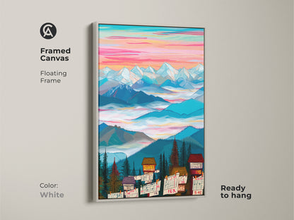 Framed canvas art print featuring a mountain cabin scene with a white floating frame. This modern folk art piece is ready to hang. Its colorful sky and detailed landscape enhance any space.