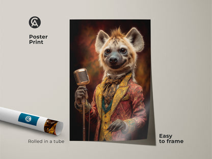 Poster print of a dapper hyena with a microphone. The retro animal musician wall artwork is easy to frame. This eclectic hyena art makes a unique gift for music lovers. The print features a vintage animal portrait style.