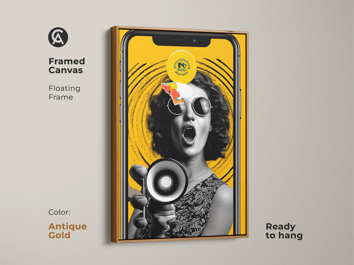 Framed canvas featuring a retro pop artwork of a woman with a megaphone and a vivid yellow backdrop. The floating frame is finished in antique gold. This bold megaphone artwork celebrates retro style. Ready to hang for any space.