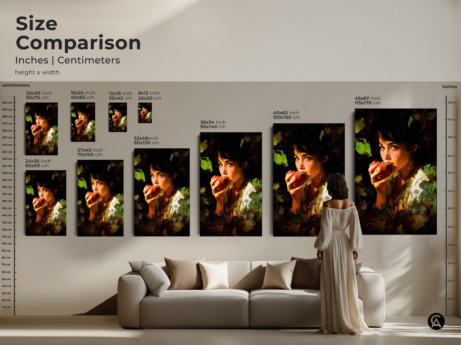 Size comparison of the Chiaroscuro Apple Girl Art in various dimensions. See how the artwork fits above a sofa. Sizes range from 8x12 to 45x67 inches. Available as canvas or poster for eclectic decor. Perfect as a classic still life painting.