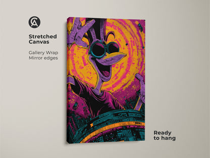 A high-quality stretched canvas print featuring a cartoon bird character with sunglasses. This gallery-wrapped artwork has mirrored edges and comes ready to hang. The artwork bursts with vibrant colors including purple yellow and teal. It is a perfect statement piece for any modern art lover.