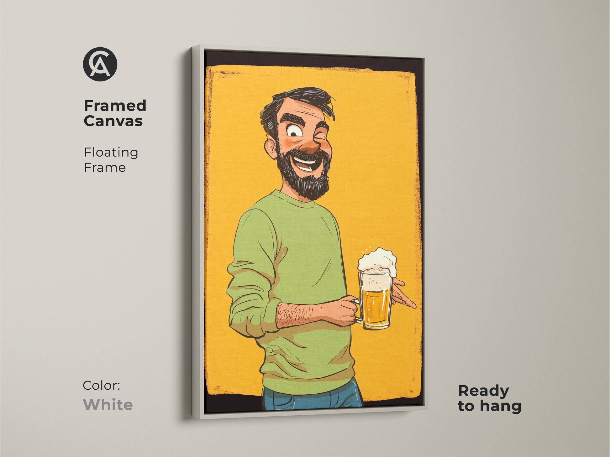 Framed Canvas presents a beer mug cartoon man art in a white floating frame. A funny beer lover gift. This is an eclectic wall art for any man cave or bar decor. The art is ready to hang.