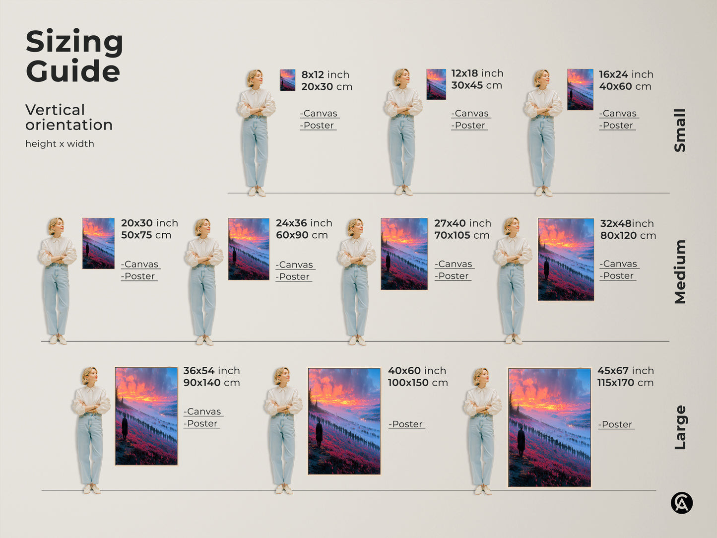 Sizing guide for vertical fantasy landscape prints on canvas and poster. Visualize artwork dimensions from small to large. Find the perfect size for your eclectic home decor.