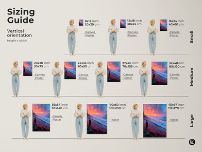 Sizing guide for vertical fantasy landscape prints on canvas and poster. Visualize artwork dimensions from small to large. Find the perfect size for your eclectic home decor.