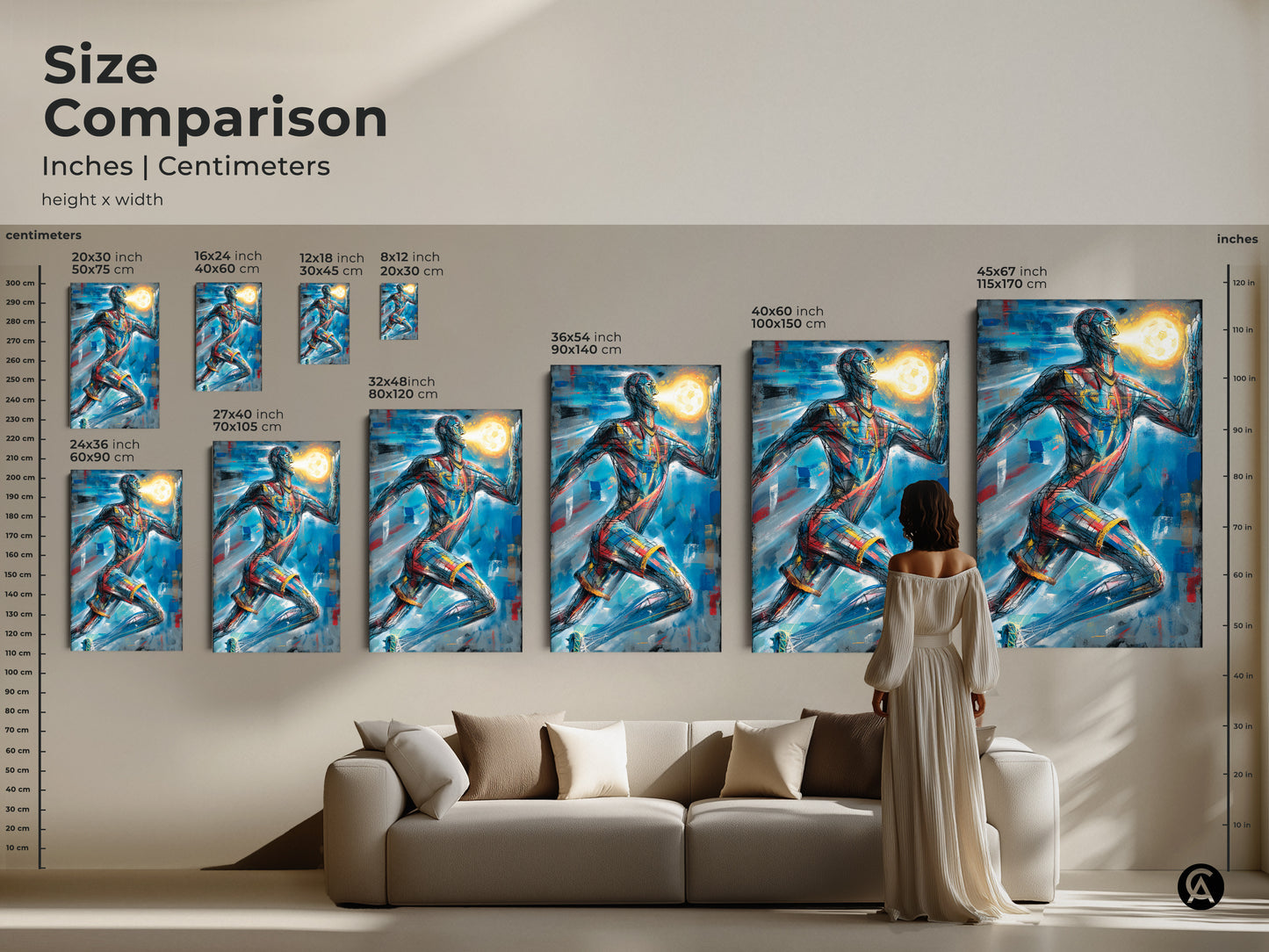 Size comparison of the abstract geometric runner art. It is shown in inches and centimeters. See how the artwork fits above a sofa. Its a unique and vibrant wall hanging.