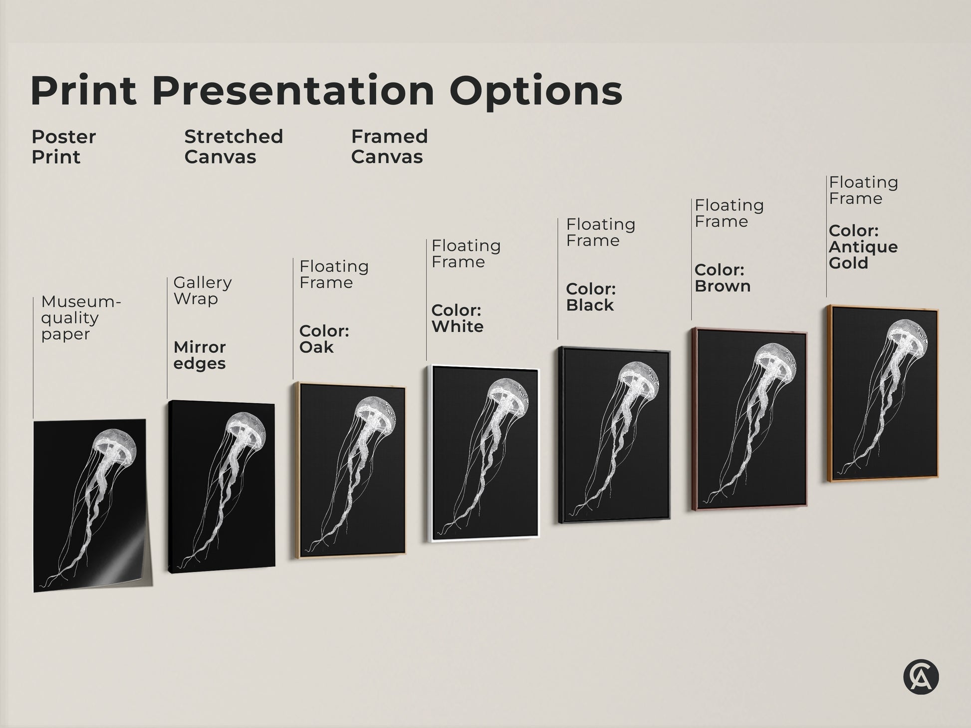 Print presentation options show the minimalist jellyfish art in poster print stretched canvas and framed canvas. Each option features black and white line art perfect for ocean themed decor.