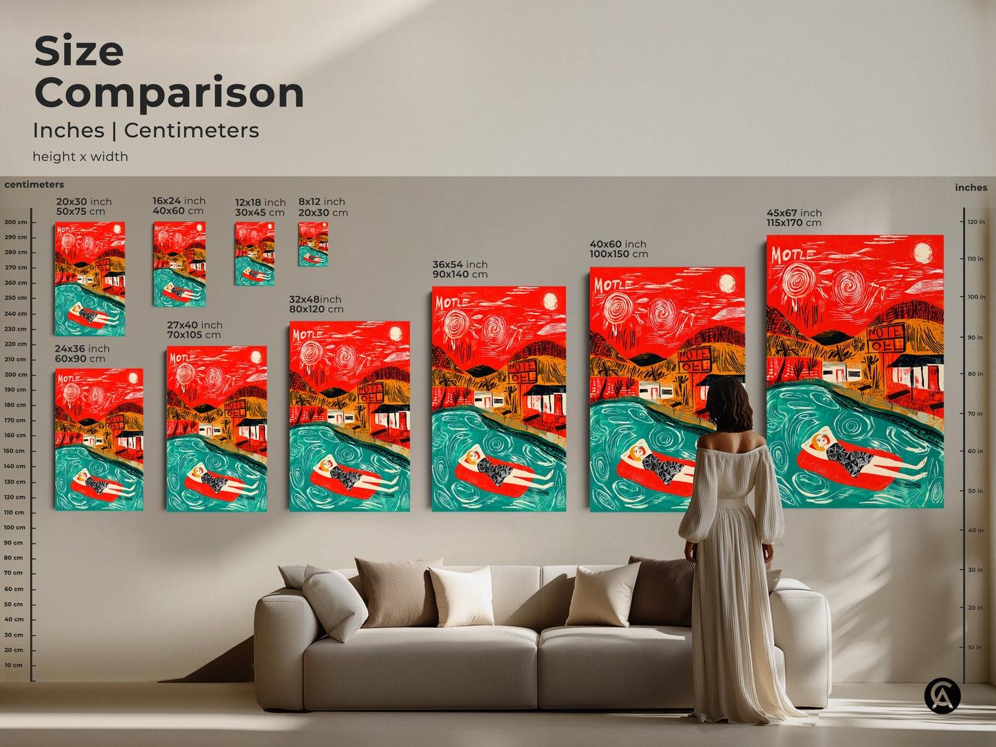 Size comparison of artwork featuring a woman in a pool with a motel backdrop. See how different sizes of canvas and poster prints look in a living room setting. Choose the ideal size for your home decor.