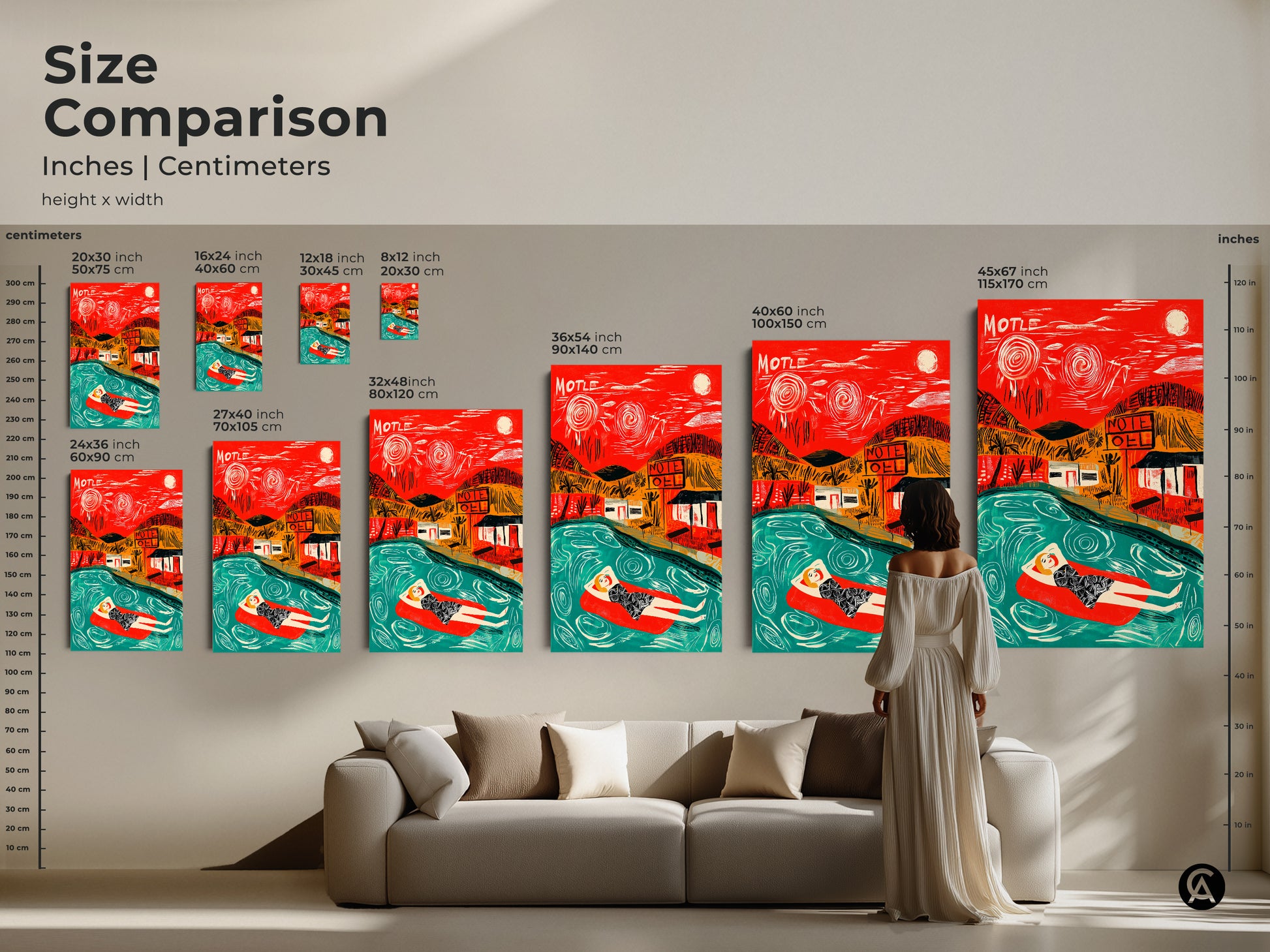 Size comparison of artwork featuring a woman in a pool with a motel backdrop. See how different sizes of canvas and poster prints look in a living room setting. Choose the ideal size for your home decor.