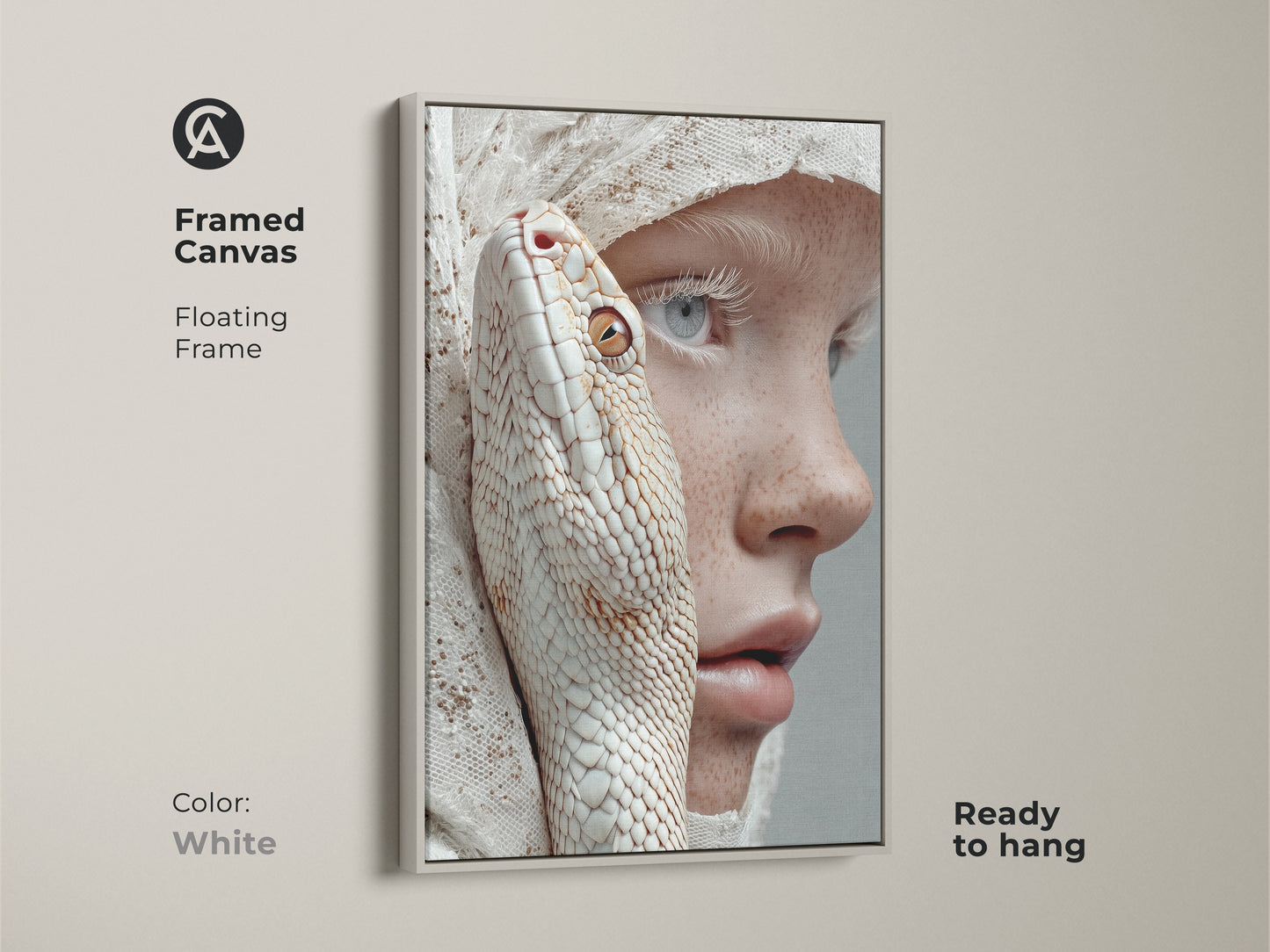 This framed canvas art features a floating frame with a white color. This surreal portrait shows an albino snake intertwined with a freckled woman. The colors are peach beige and white. It is ready to hang and perfect for halloween theme decor.