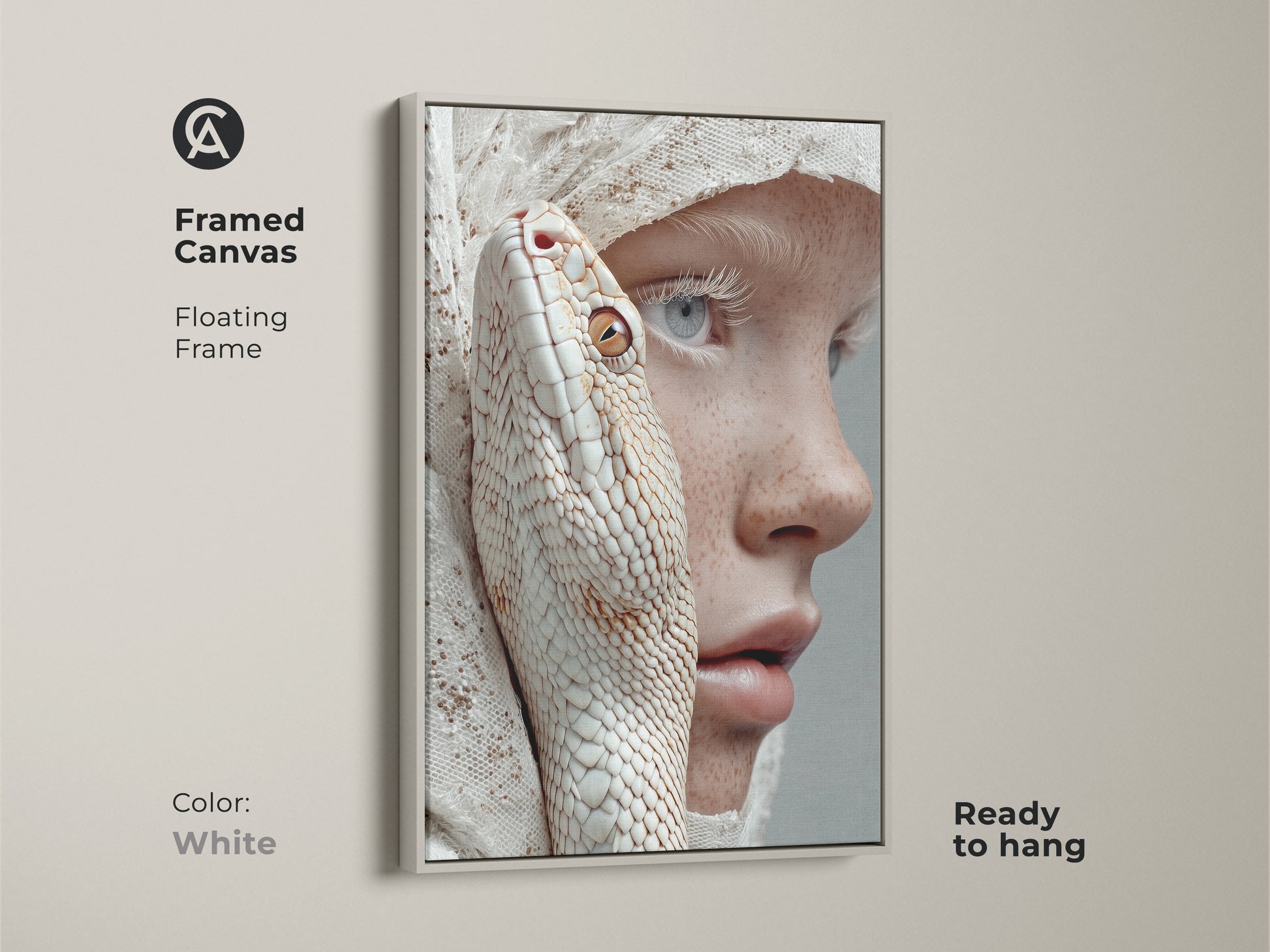 This framed canvas art features a floating frame with a white color. This surreal portrait shows an albino snake intertwined with a freckled woman. The colors are peach beige and white. It is ready to hang and perfect for halloween theme decor.