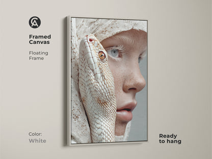 This framed canvas art features a floating frame with a white color. This surreal portrait shows an albino snake intertwined with a freckled woman. The colors are peach beige and white. It is ready to hang and perfect for halloween theme decor.