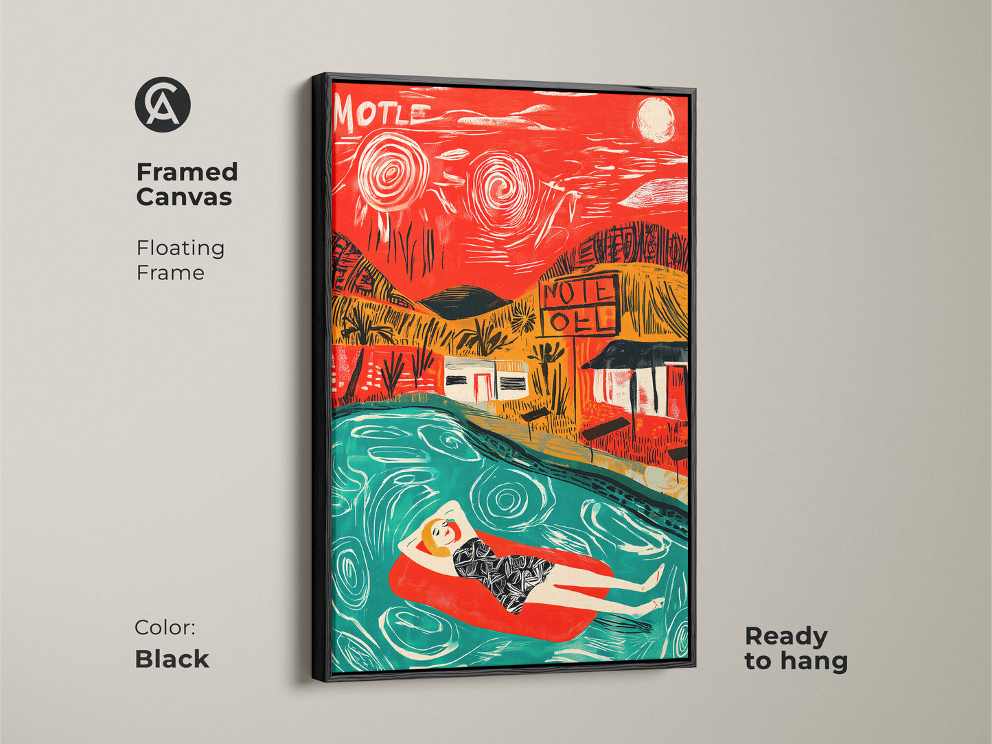 Black framed canvas art displaying a woman lounging in a pool near a motel. The floating frame enhances the artwork's visual appeal. This ready-to-hang piece brings a touch of retro style to your walls.