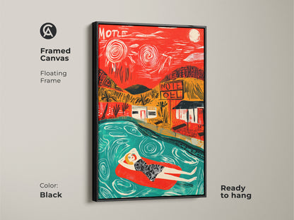 Black framed canvas art displaying a woman lounging in a pool near a motel. The floating frame enhances the artwork's visual appeal. This ready-to-hang piece brings a touch of retro style to your walls.