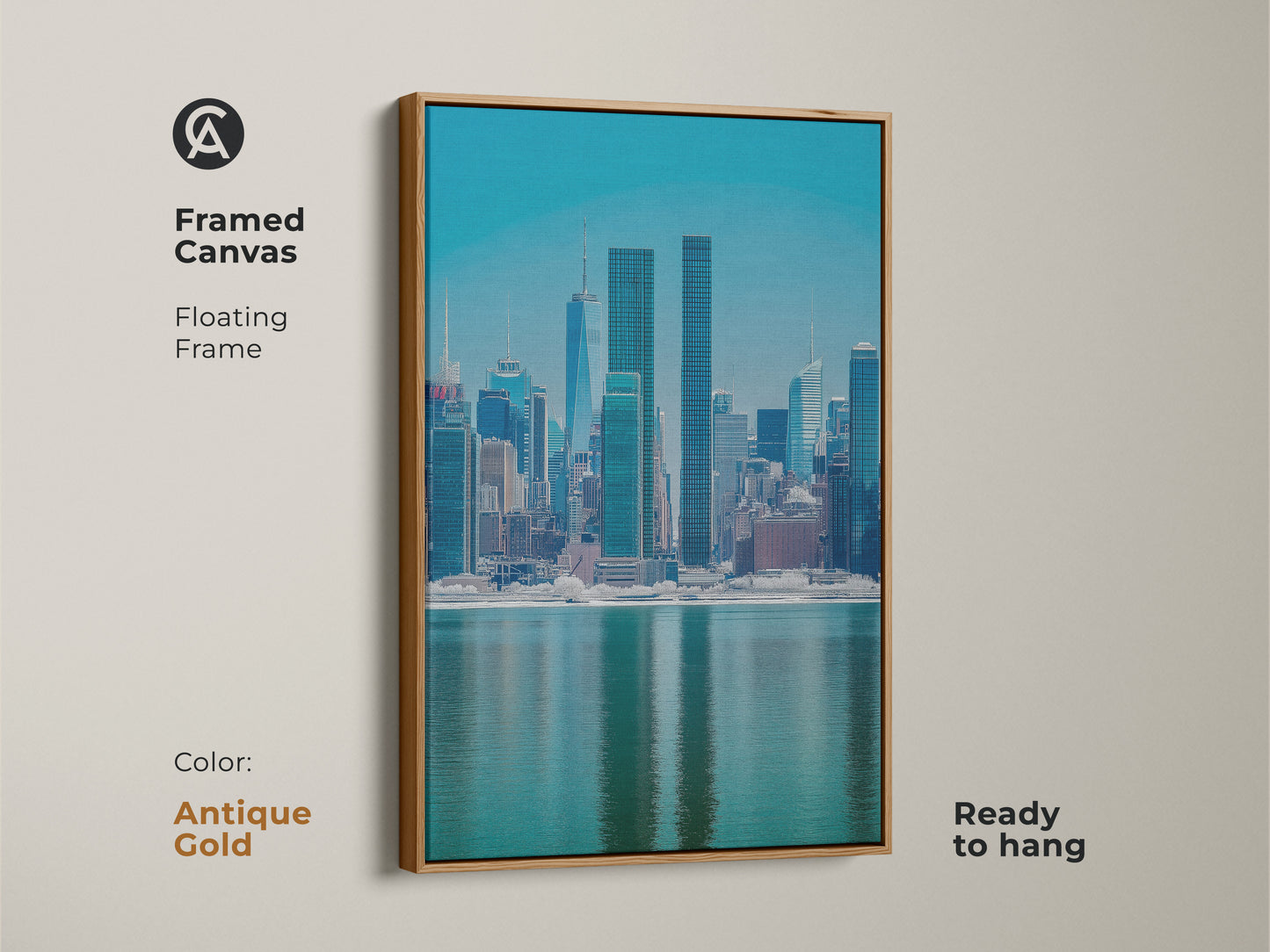 Framed canvas presenting a modern New York City skyline. The antique gold floating frame enhances the blue teal cityscape artwork. This urban waterfront view art is ready to hang. Perfect for contemporary home art and office wall decor.