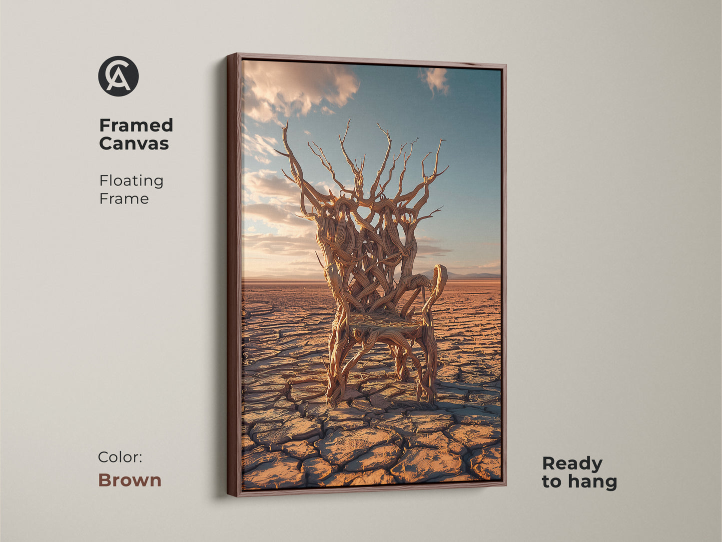 Framed canvas of earth tones surreal tree chair art. This ready to hang artwork in a brown floating frame. Perfect for eclectic home office art and arid landscape print.