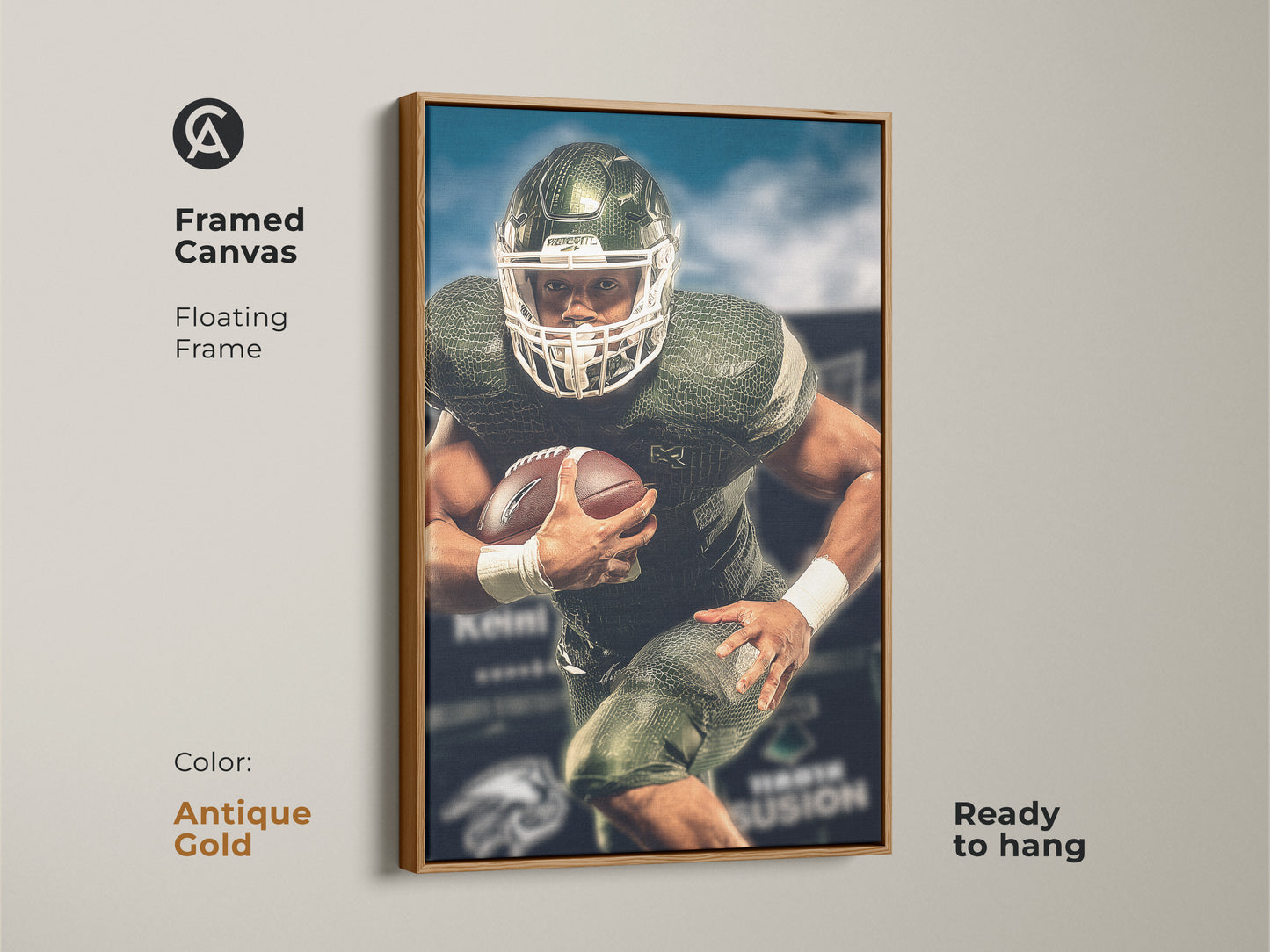 American football player artwork displayed in an antique gold frame. This sports action canvas print is perfect for a man cave. The green and white artwork adds a contemporary touch to any sports decor. Great as a gift.