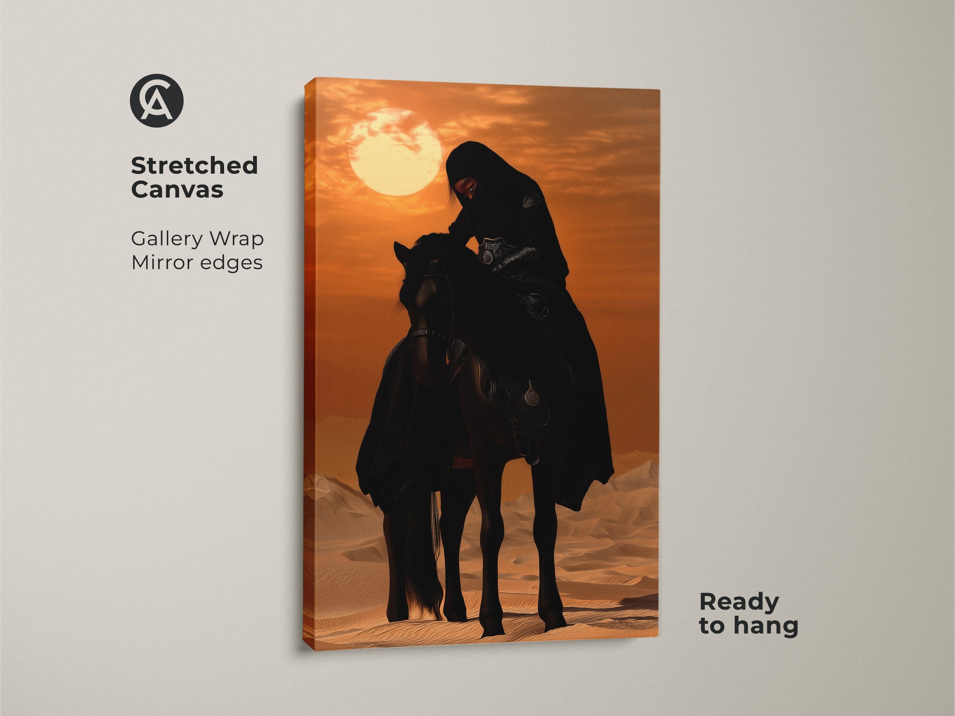Woman on horse print ready to hang. The Desert Rider is set against warm desert sunset. Black and sand color palette offers rich detail. This Eclectic art print is perfect for bedrooms or living rooms. It is a thoughtful gift for horse lovers.