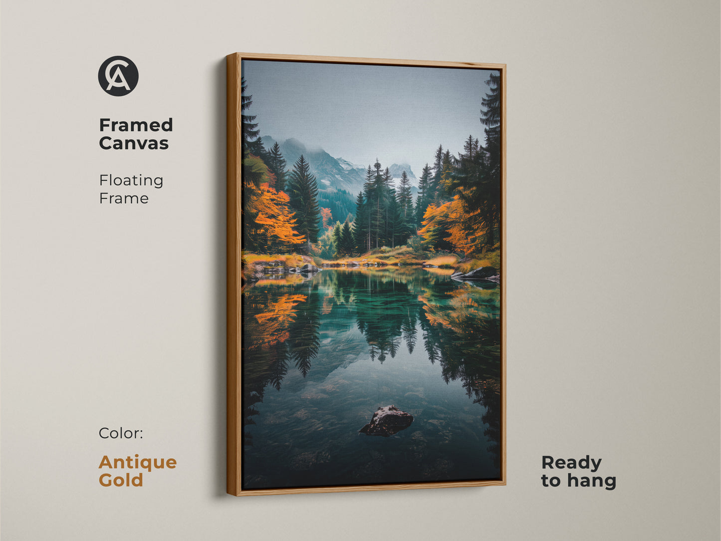 Bring a touch of antique charm to your home with this framed canvas artwork. The floating frame in antique gold enhances the mountain lake scene. The artwork showcases a serene lake reflecting the surrounding landscape. Ready to hang for instant elegance