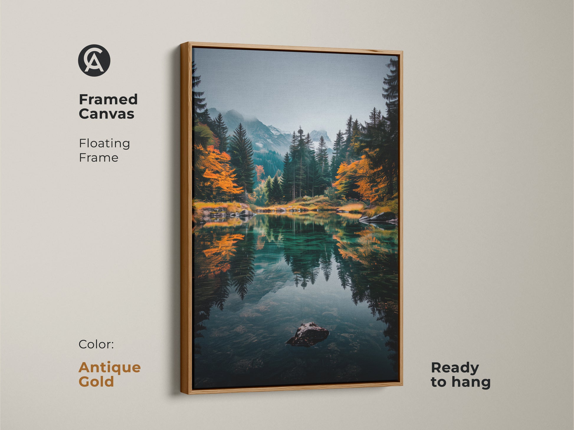 Bring a touch of antique charm to your home with this framed canvas artwork. The floating frame in antique gold enhances the mountain lake scene. The artwork showcases a serene lake reflecting the surrounding landscape. Ready to hang for instant elegance